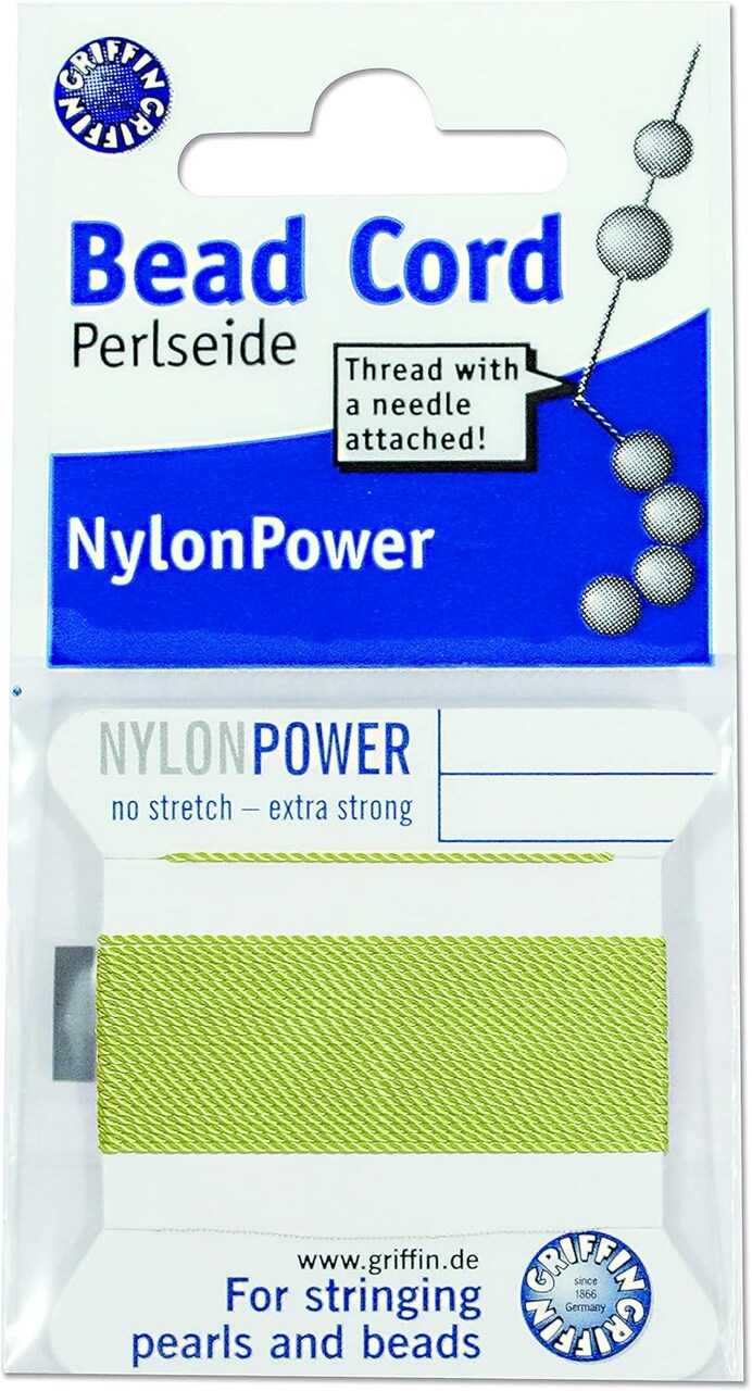 Griffin Nylon Bead Cord Perlseide – Size 5 (0.65mm) – 2 Meters per Card – Stainless Steel Needle Attached – for Knotting Pearls, Gemstones, Crystals and Beads